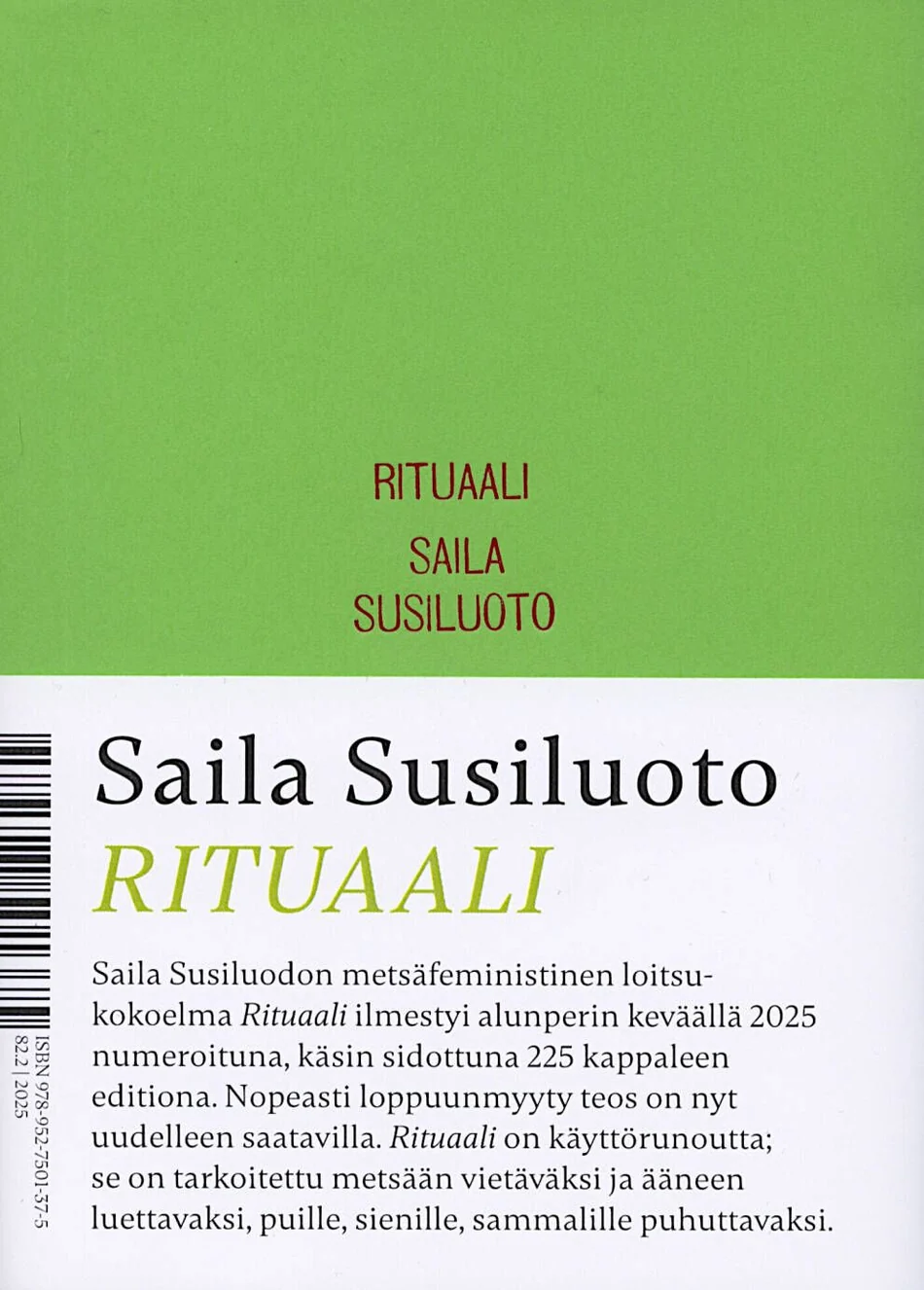 Saila Susiluodon Rituaali-teoksen kansi.